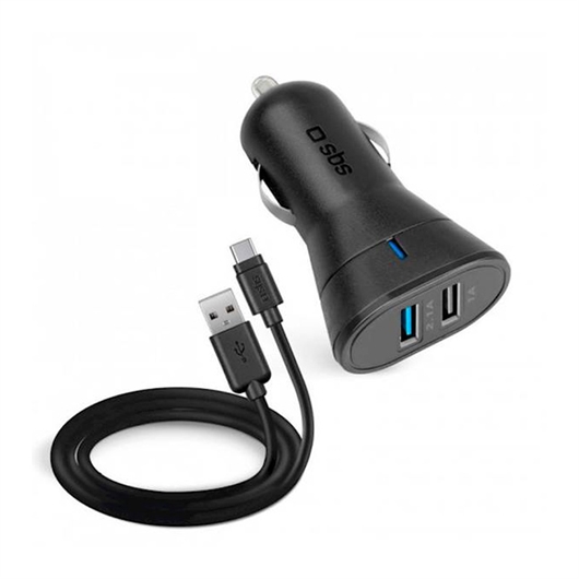 Punjač za auto SBS + kabal za punjenje USB-A na USB-C, 2 ulaza, 10 W, crni