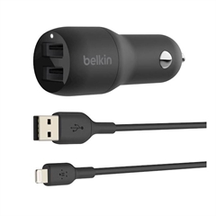 Punjač za auto Belkin + kabal za punjenje USB-A na Apple Lightning, 2 ulaza, 24 W, crni