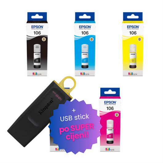 Komplet bočica Epson 106 (BK/PBK/C/M/Y), original + USB stick po SUPER cijeni