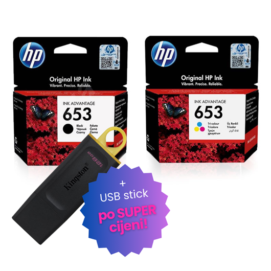 Komplet tinta HP nr.653 (BK + CMY), original + USB stick po SUPER cijeni