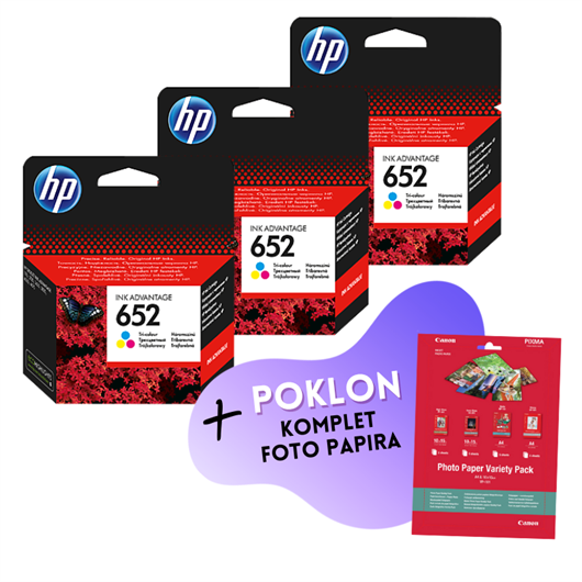 Komplet tinta HP F6V24AE nr.652 (boja), original, 3 komada + GRATIS POKLON