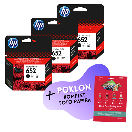 Komplet tinta HP F6V25AE nr.652 (crna), original, 3 komada + GRATIS POKLON