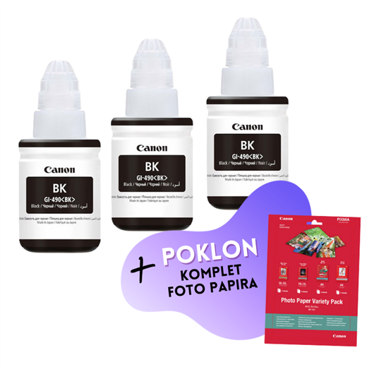 Komplet bočica za Canon GI-490 (0663C001AA) (G1400/2400/3400) (crna), original, 3 komada + GRATIS POKLON