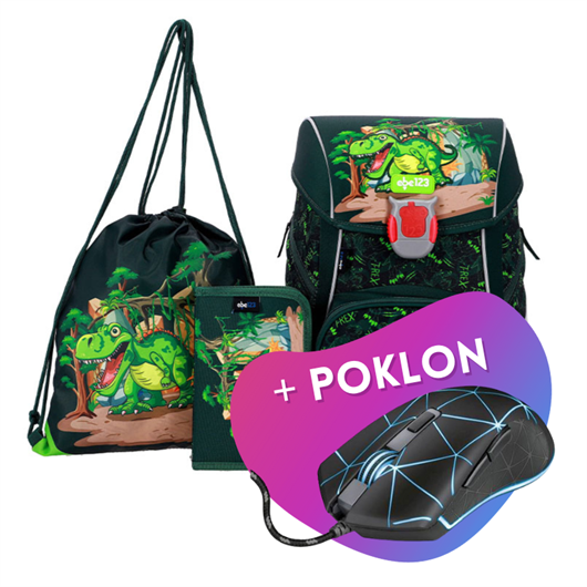 Komplet za prvašiće ABC123 Zeleni Dino (4-dijelni) s LED kopčom + POKLON