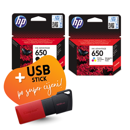Komplet tinta HP nr.650 (BK + CMY), original + USB stick po SUPER cijeni