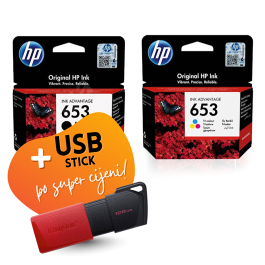 Komplet tinta HP nr.653 (BK + CMY), original + USB stick po SUPER cijeni