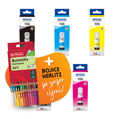 Komplet bočica Epson 106 (BK/PBK/C/M/Y), original + bojice po SUPER cijeni