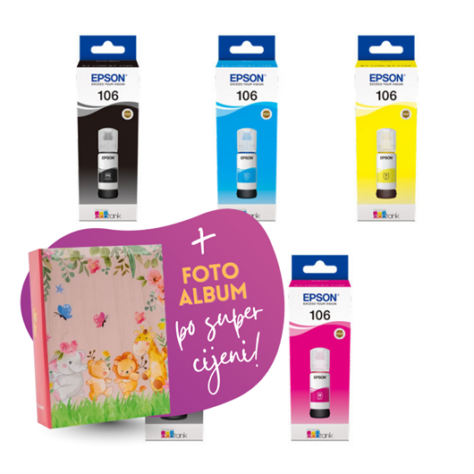 Komplet bočica Epson 106 (BK/PBK/C/M/Y), original + foto album po SUPER cijeni