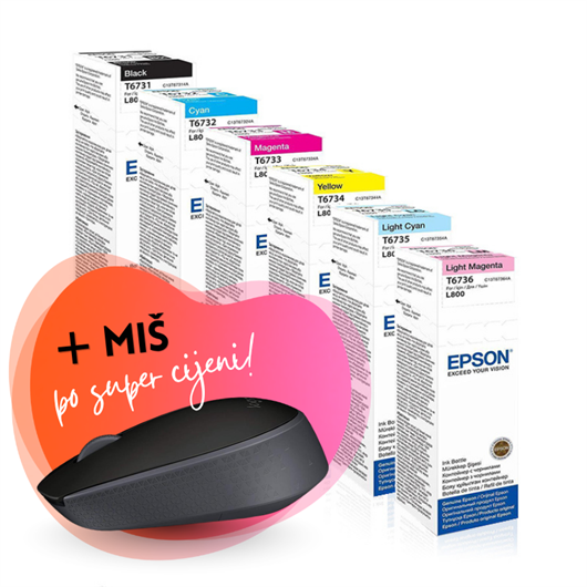 Komplet bočica Epson T673 (BK/C/M/Y/LC/LM), original + bežični miš po SUPER cijeni