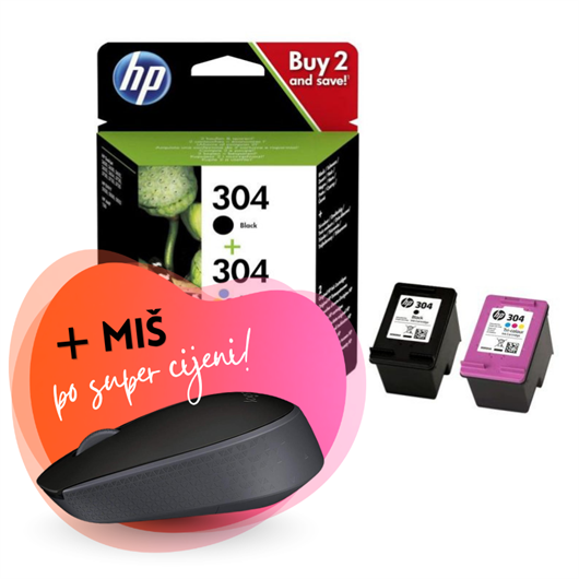 Komplet tinta HP 3JB05AE (nr.304 BK + nr.304 CMY), original + bežični miš po SUPER cijeni